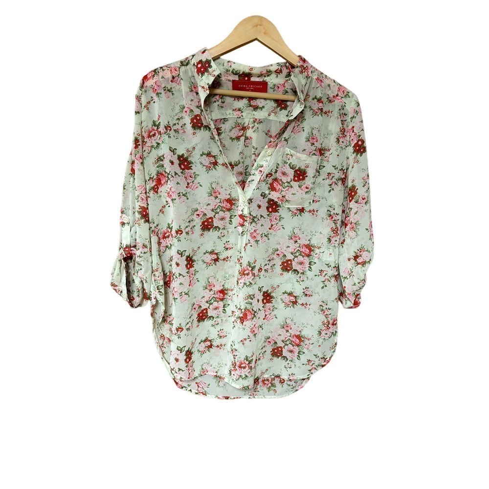 Akira Chicago Red Label‎ Floral Sheer Popover Blouse with Roll Sleeves
